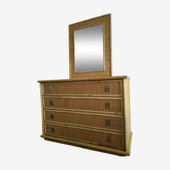 Rattan and bamboo chest of drawers with mirror