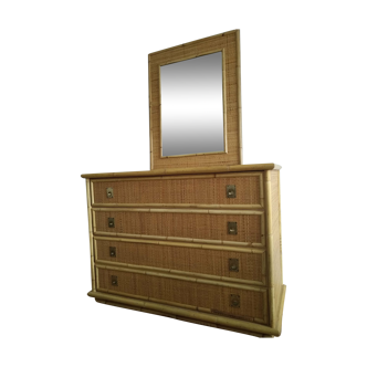 Rattan and bamboo chest of drawers with mirror