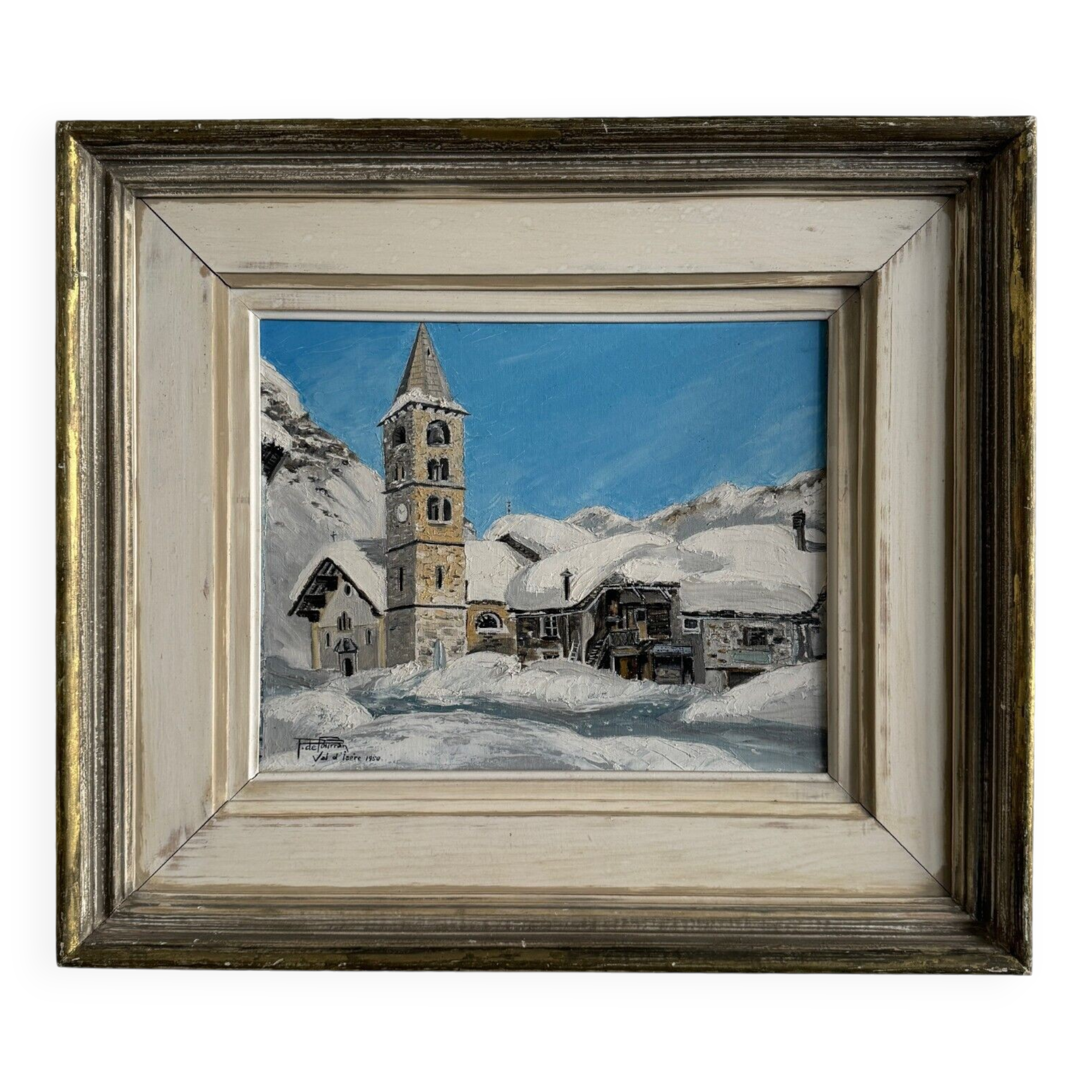 Oil on canvas mountain landscape Val d'Isère by P. de Fourran 1950