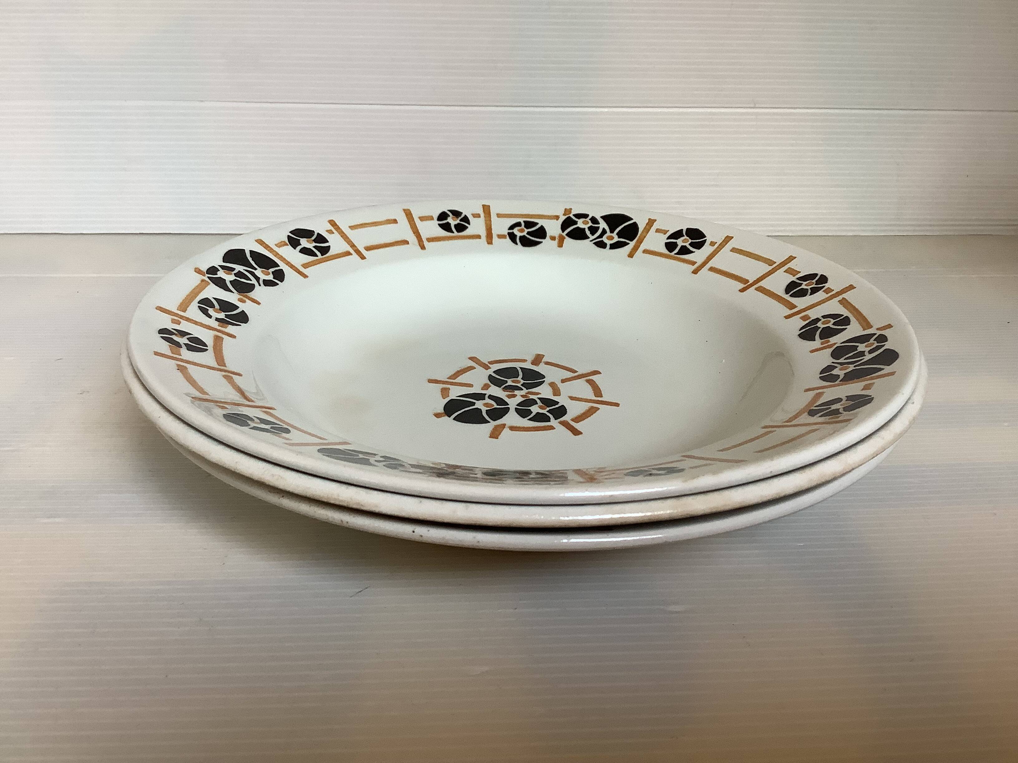 Three old earthenware soup plates from the 1930s, water lilies model