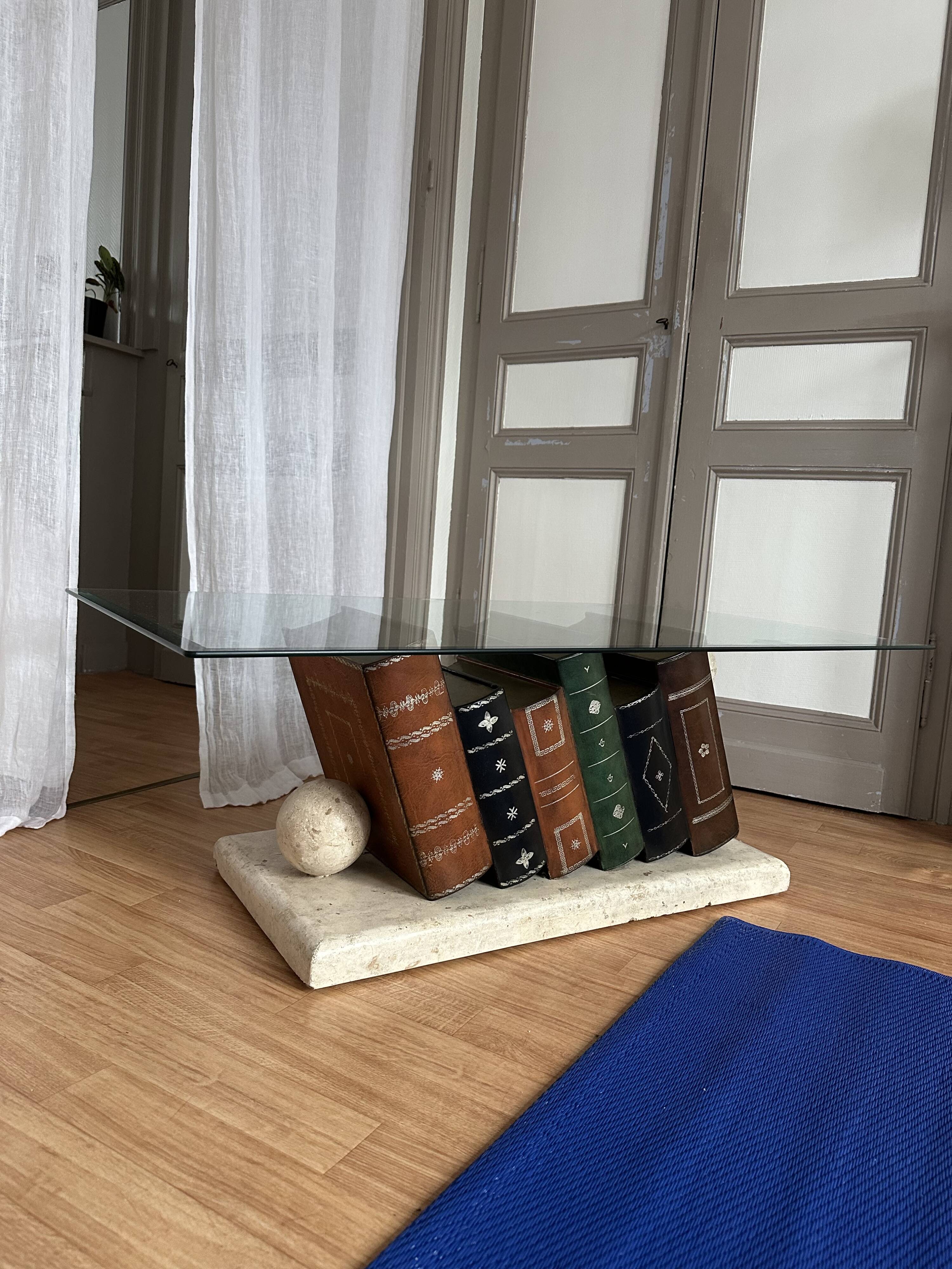 Vintage glass coffee table with trompe-l'oeil book base