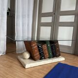 Vintage glass coffee table with trompe-l'oeil book base