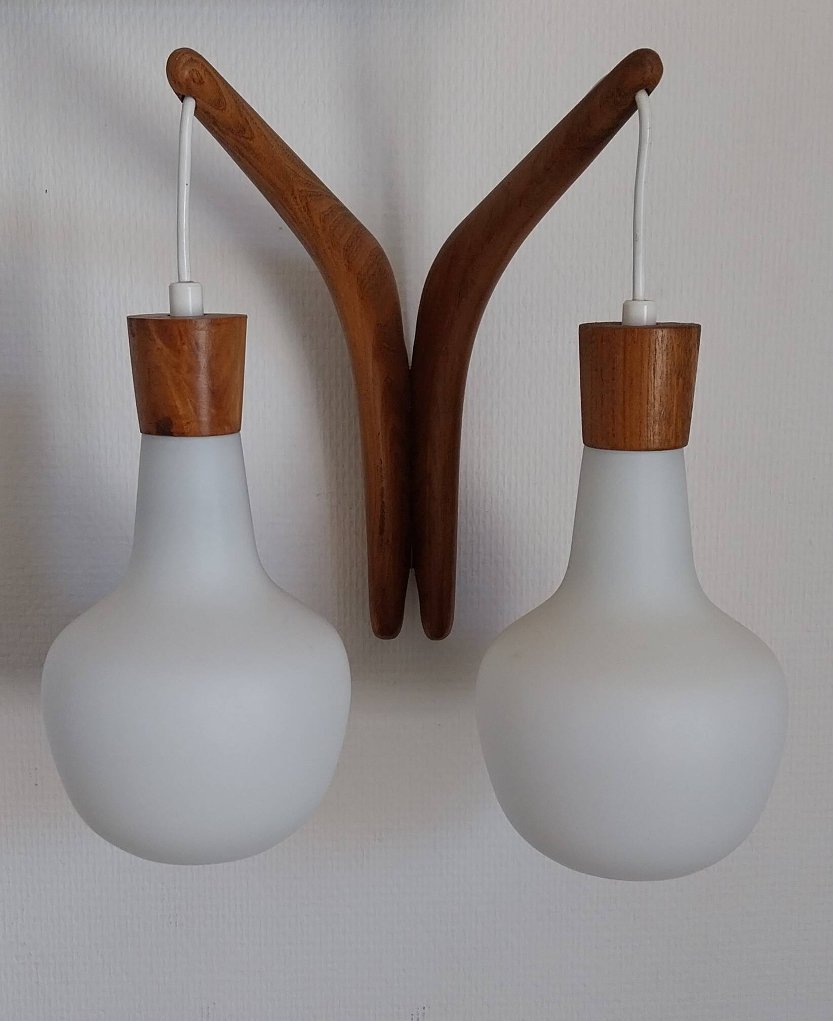 double teak wall lamp and Scandinavian suspended opalines