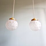 Pair of Art Deco pendant lights in transparent satin glass, 1920s-30s