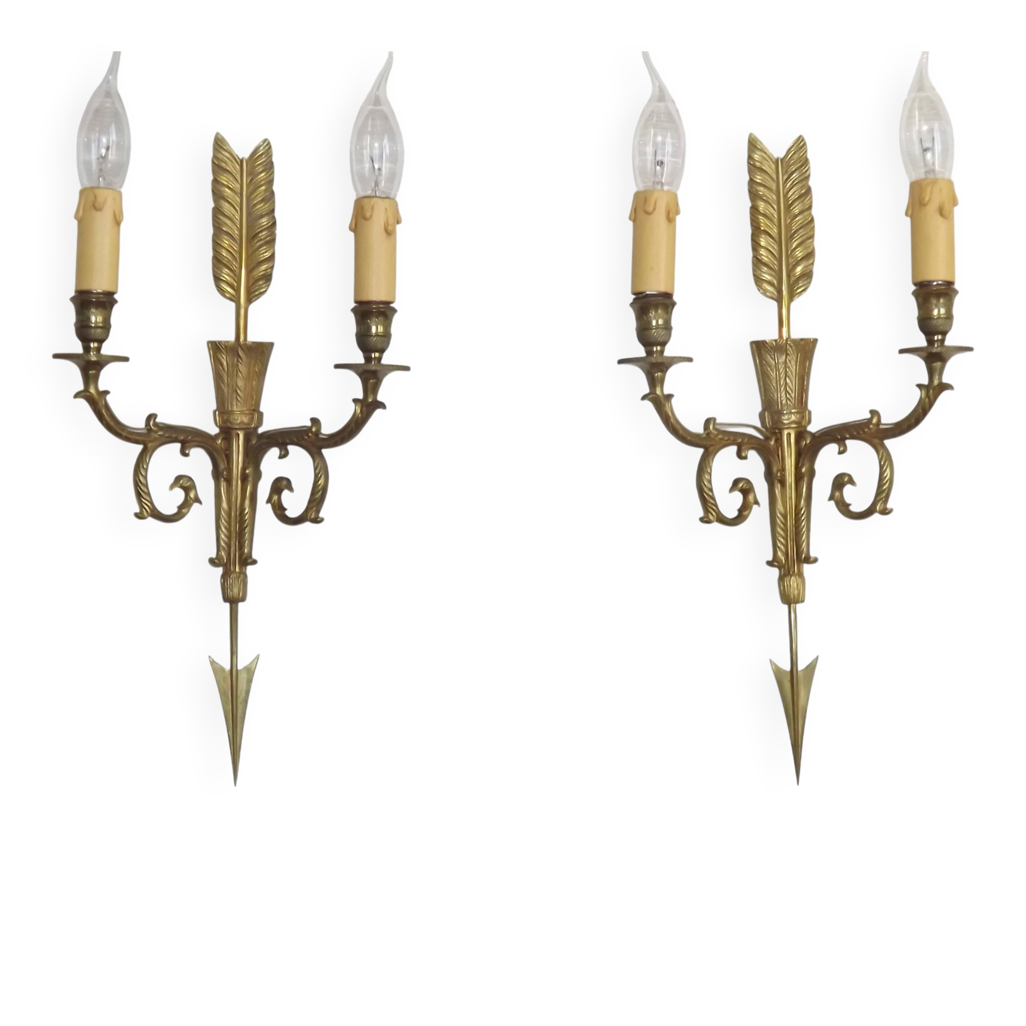 Vintage French Empire Arrow & Quiver Eagle Head Bronze Double Wall Sconces