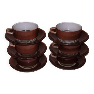 6 Duralex cups and saucers in colour - vintage