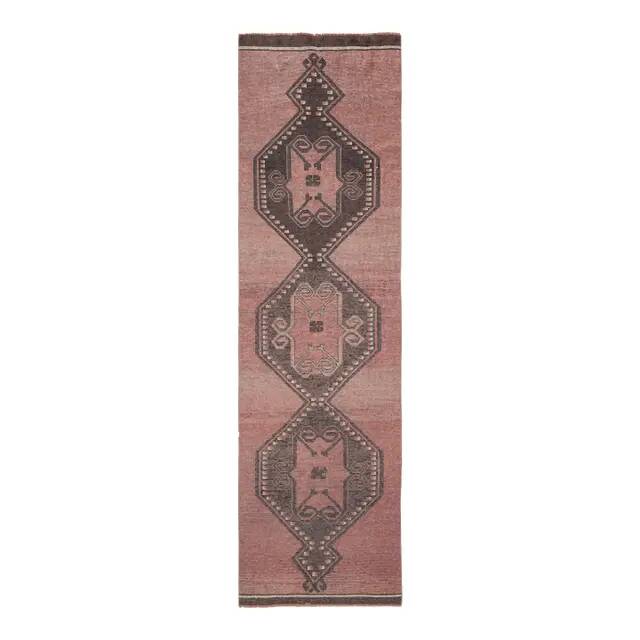 1970s Turkish Oushak Handmade Wool Cotton Pink Runner Rug 100x349