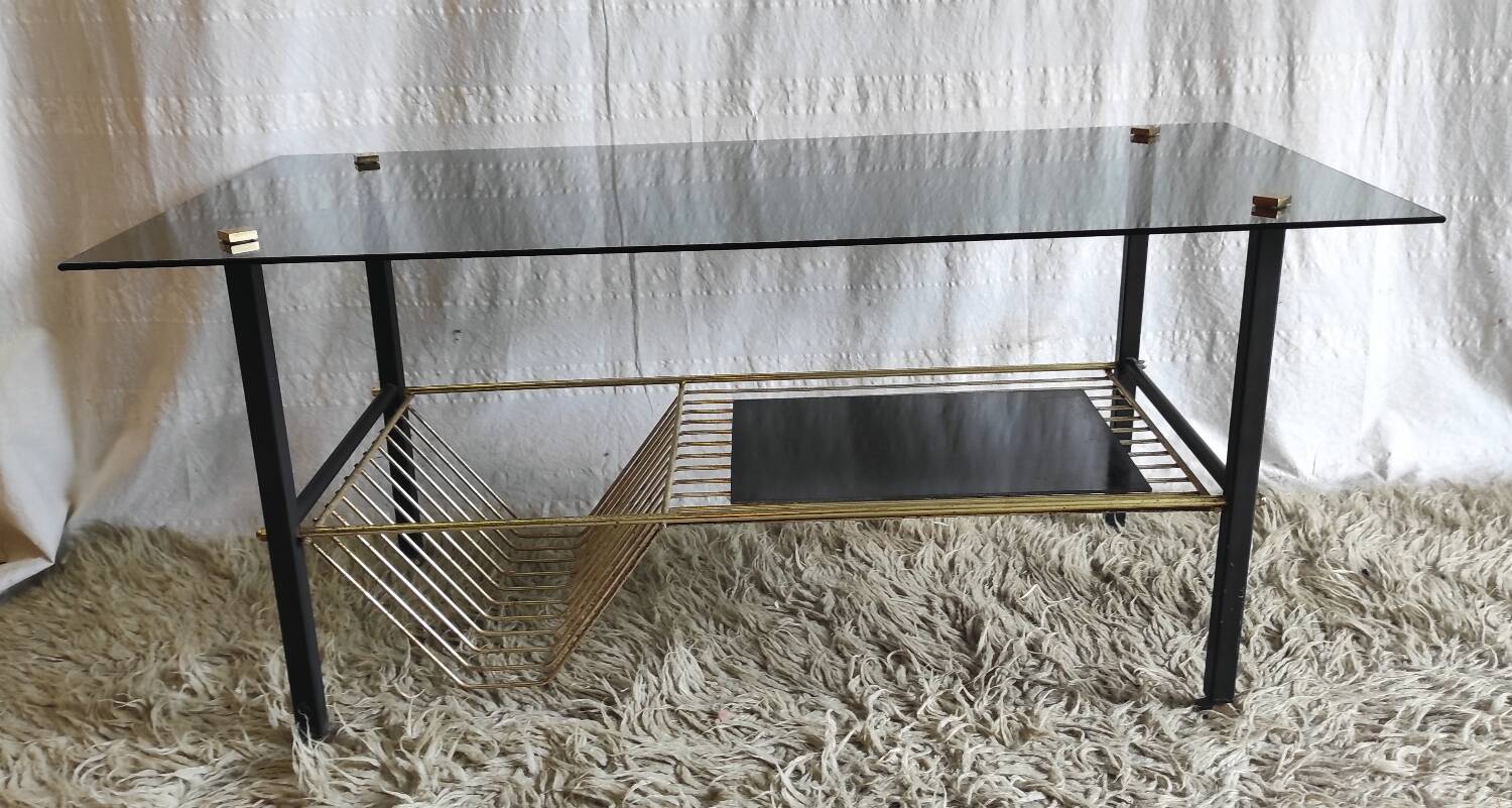 Modernist coffee table in metal and smoked glass - 50s/60s