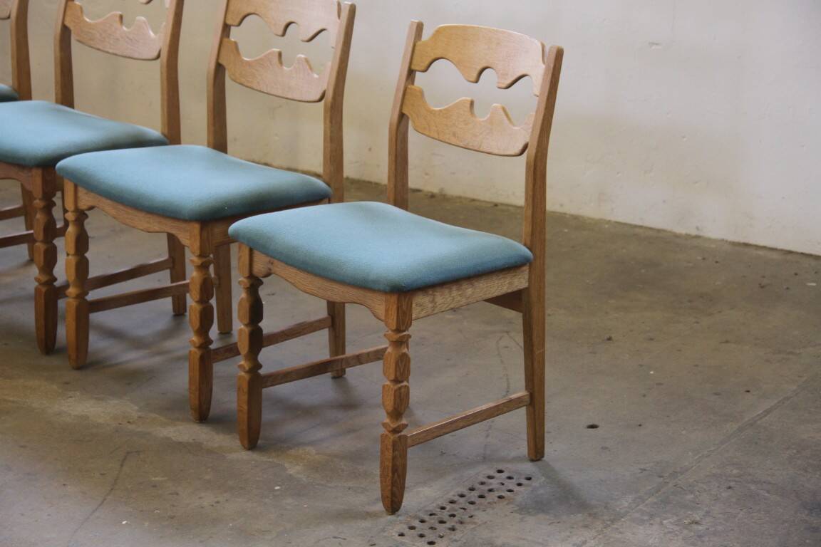 1960s Danish brutalist oak Razorblade dining chairs attributed to Henning Kjærnulf