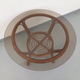 Vintage round smoked glass and rattan coffee table from the 70s