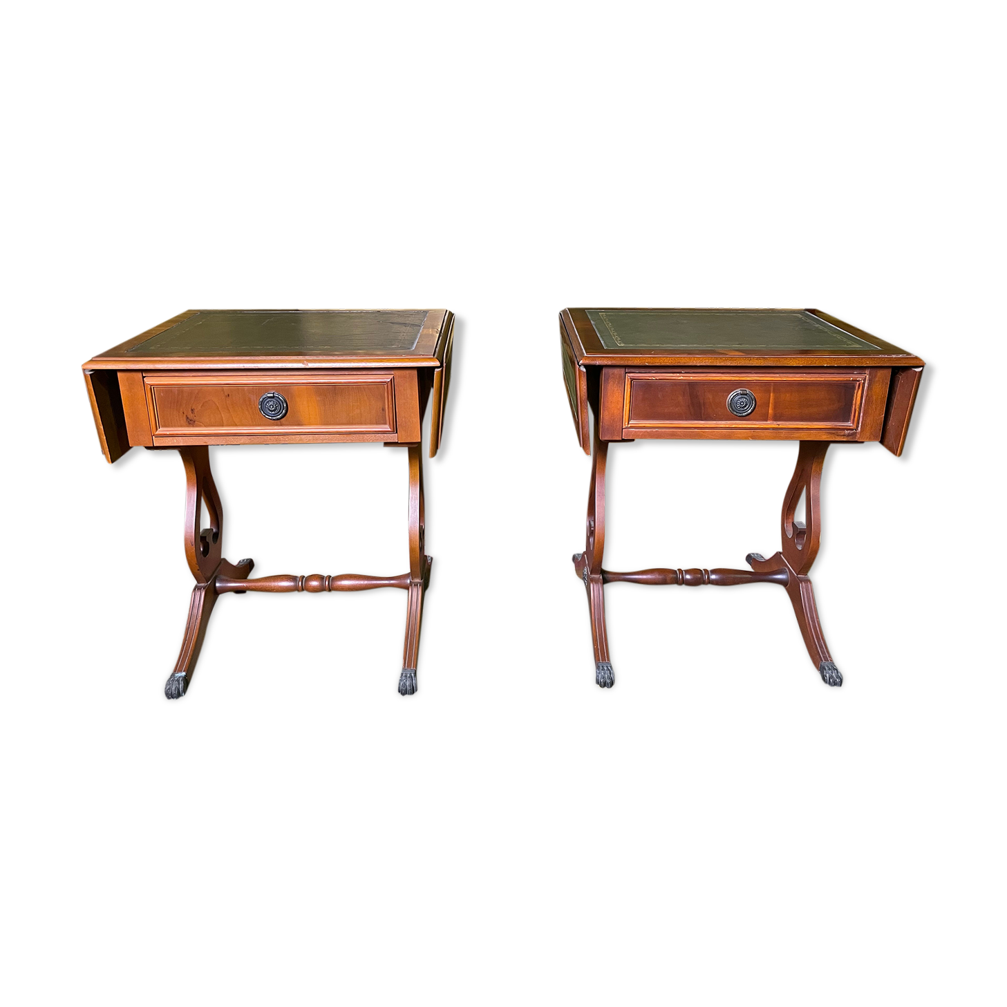 Pair of English style bedside tables in green leather