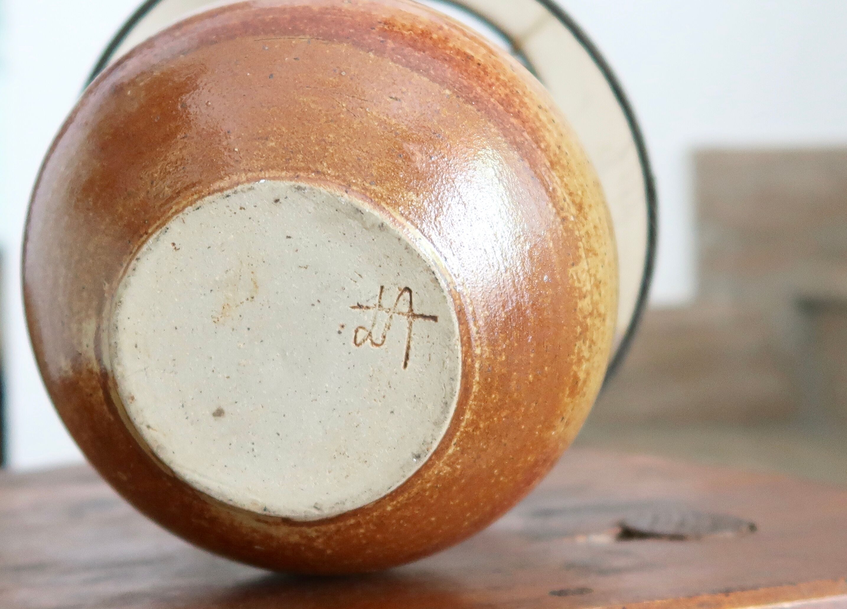 Signed sandstone lamp, beige lampshade, 70s