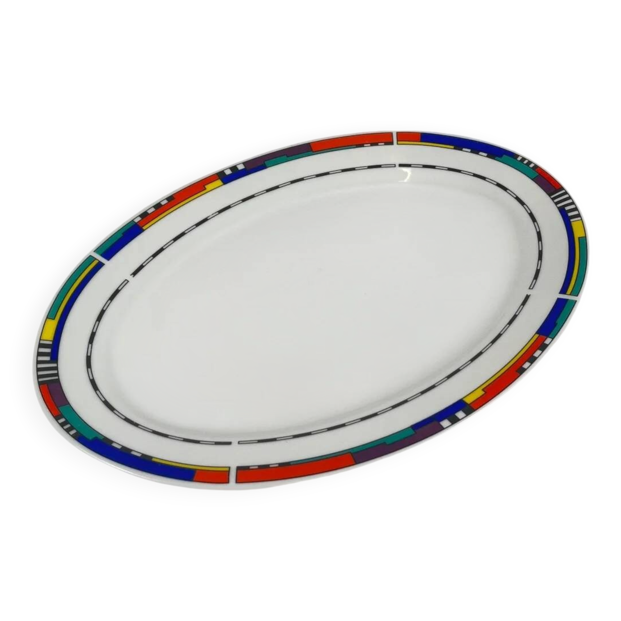 Oval porcelain plate by Van Well, multicoloured geometric border, 1980.