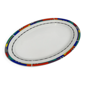 Oval porcelain plate by Van Well, multicoloured geometric border, 1980.