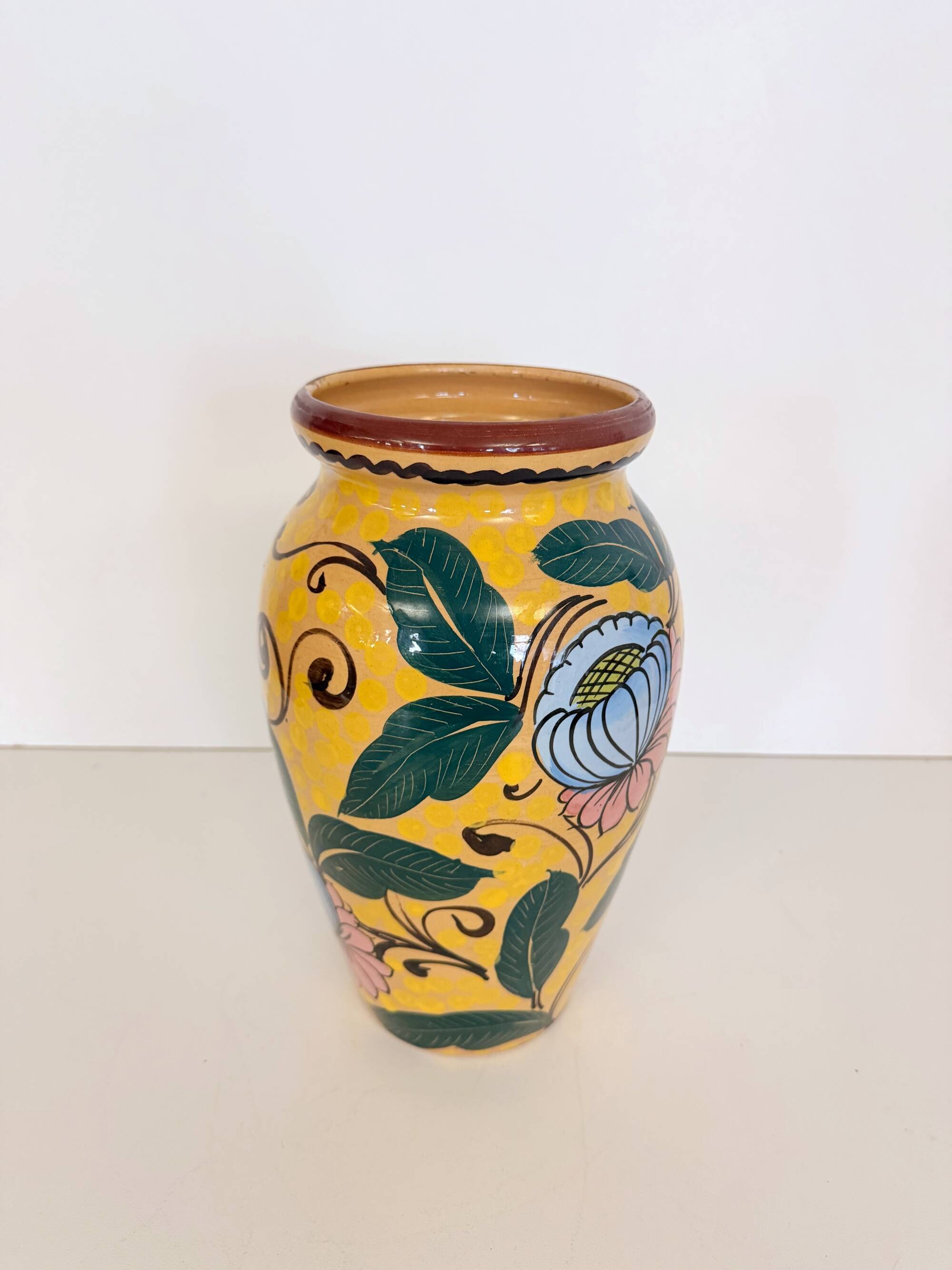 Art Deco Yellow Glazed Earthenware Vase with Futurist Floral Motifs, Italy