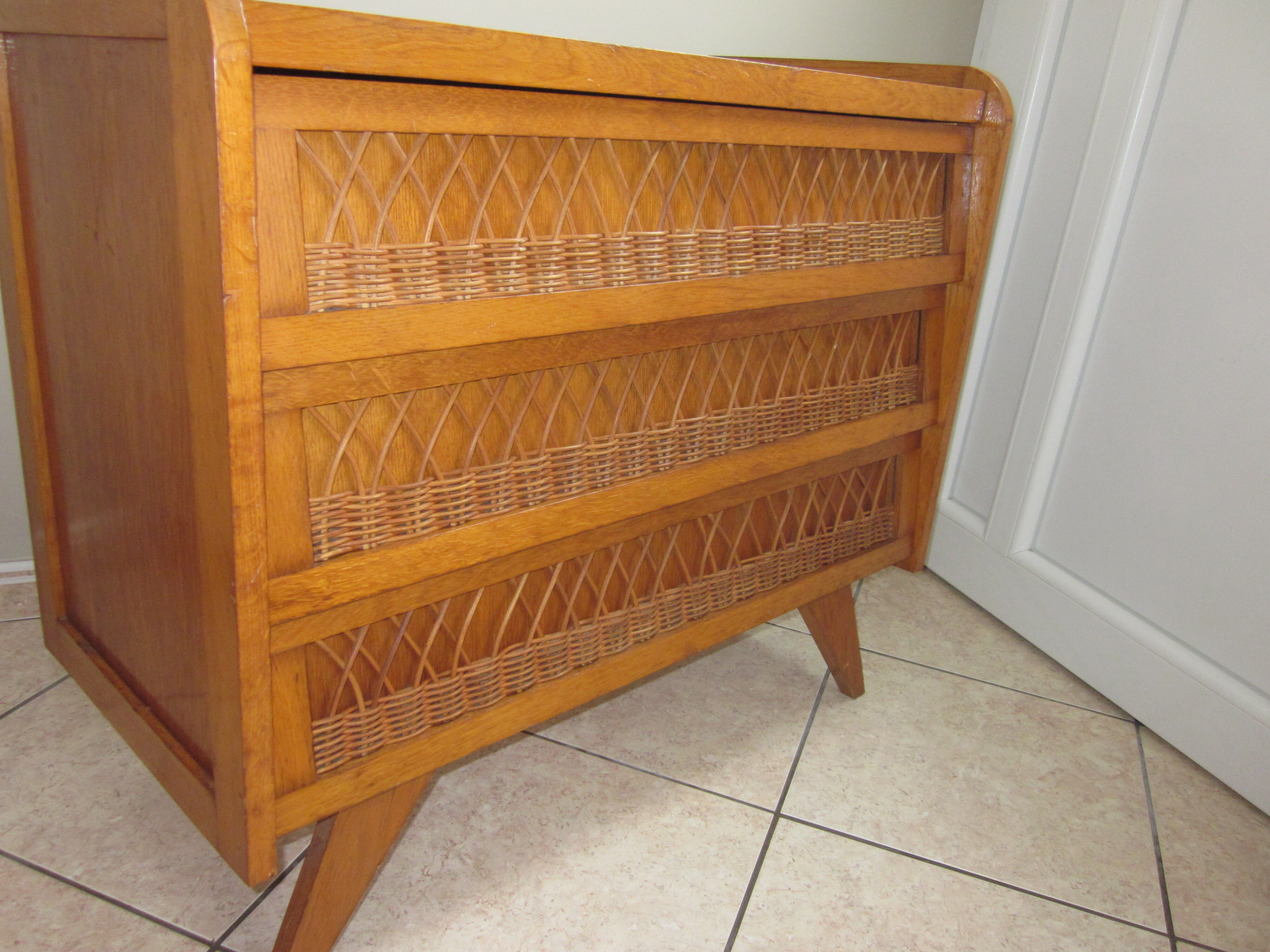 Vintage wood and rattan dresser