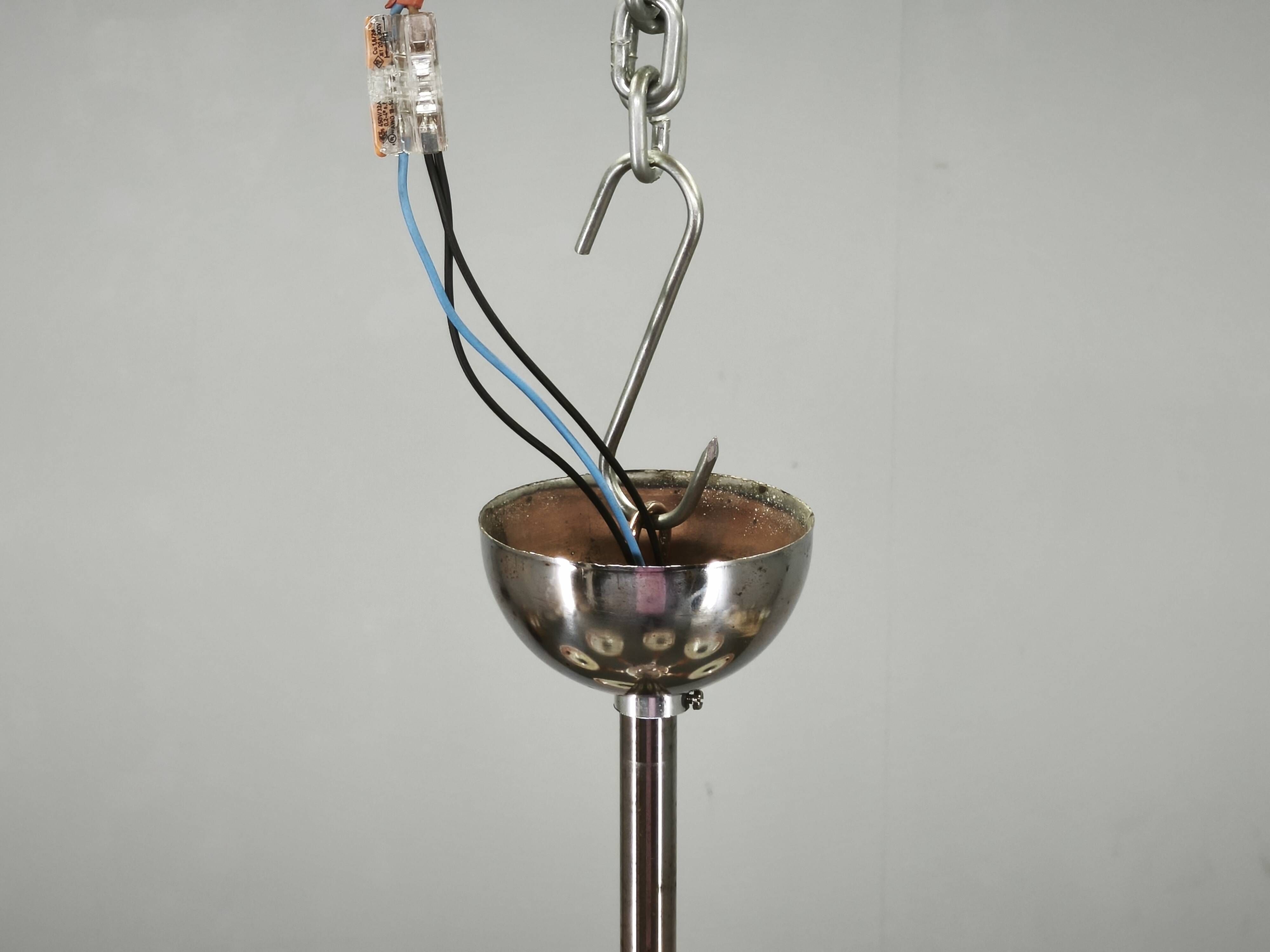 Large Art Deco Chrome, Wood and Glass Six-Light Chandelier, 1930s