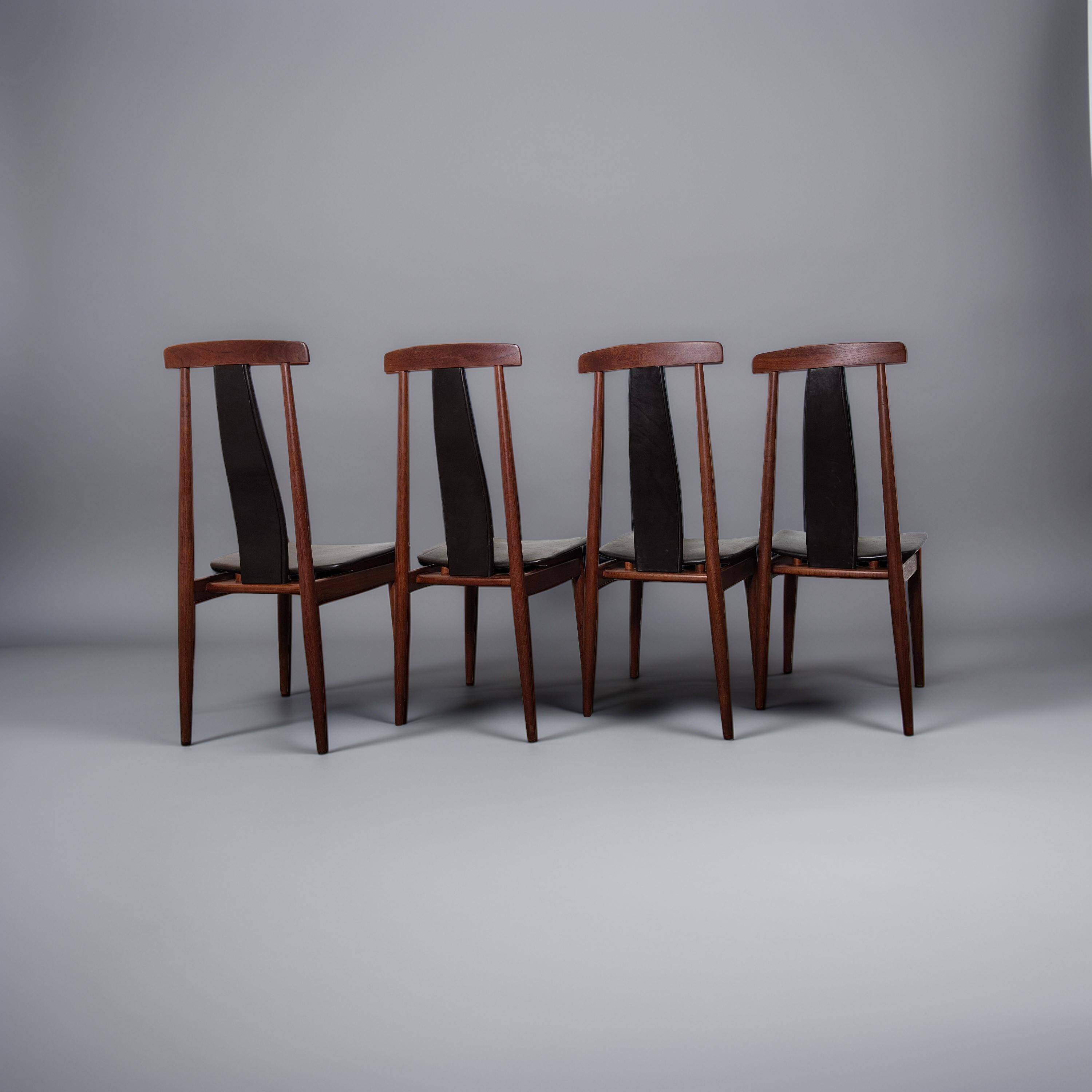 Set of 4 teak and leather dining chairs, Denmark 1960s