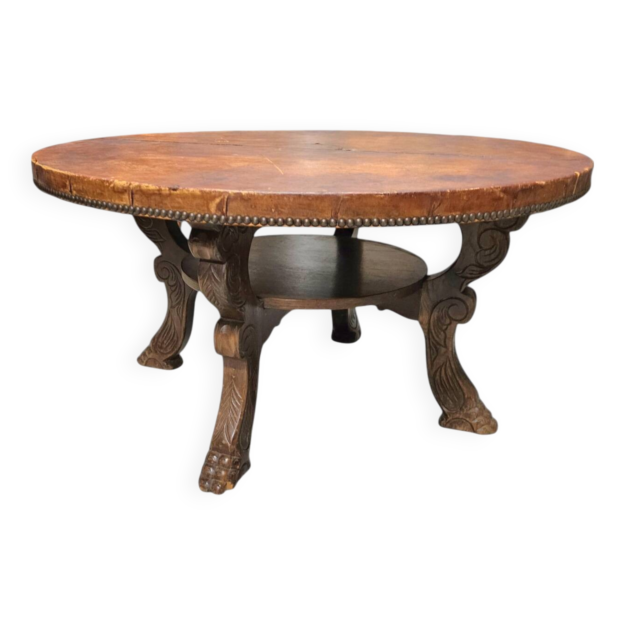 Mid-Century Coffee Table in Solid Wood and Patinated Cognac Leather