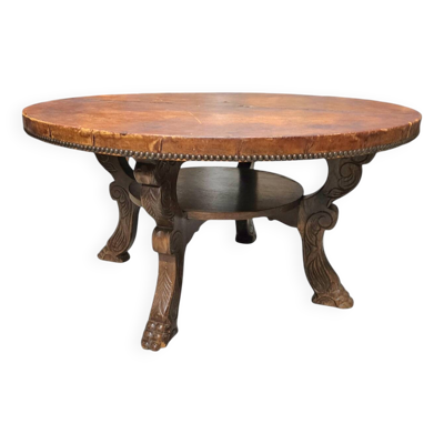 Table basse Mid-Century en bois massif et cuir cognac patiné
