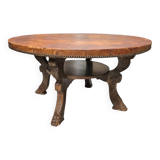 Mid-Century Coffee Table in Solid Wood and Patinated Cognac Leather