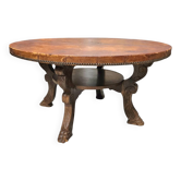 Mid-Century Coffee Table in Solid Wood and Patinated Cognac Leather