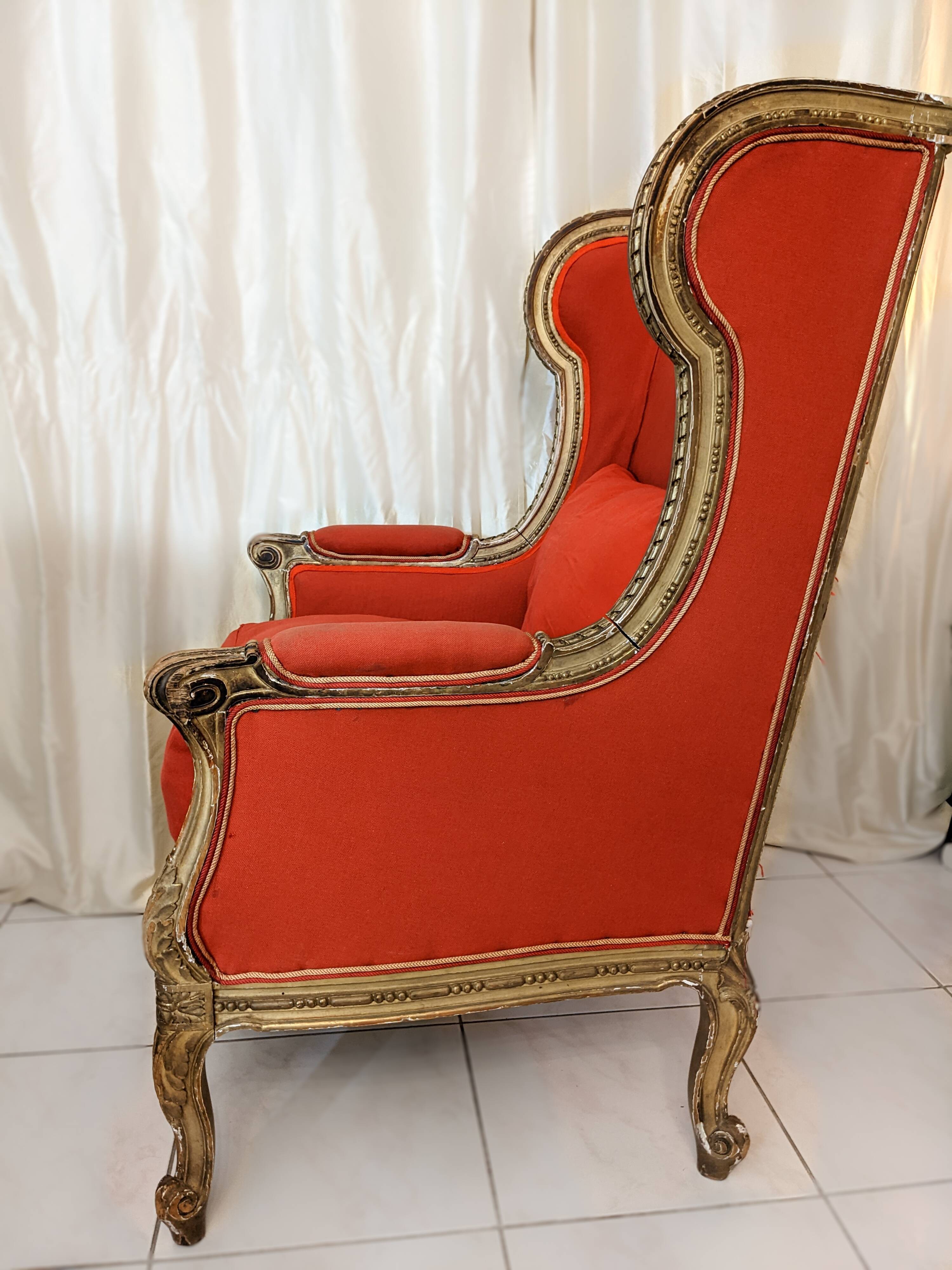 Wingback armchair in carved gilded wood signed Maison Dienst Paris 19th century