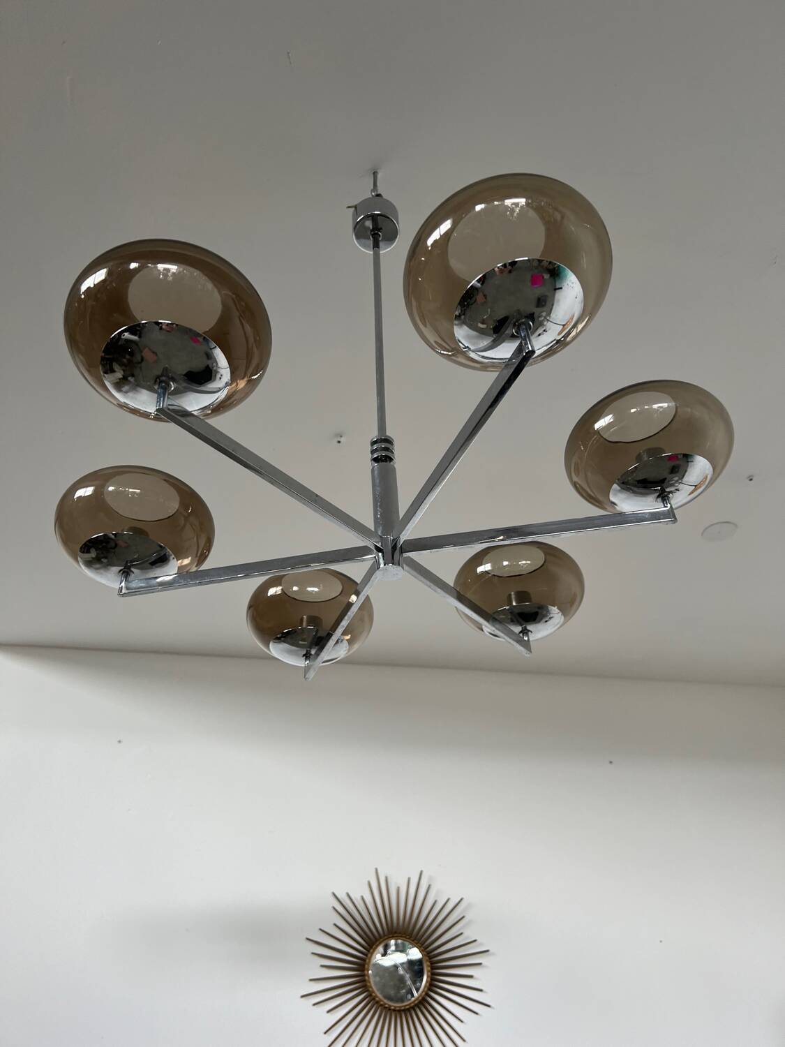 Old 6-light chandelier designed by Sciolari in chrome metal and smoked glass, 70s vintage