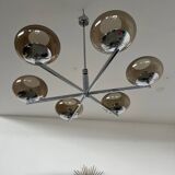 Old 6-light chandelier designed by Sciolari in chrome metal and smoked glass, 70s vintage