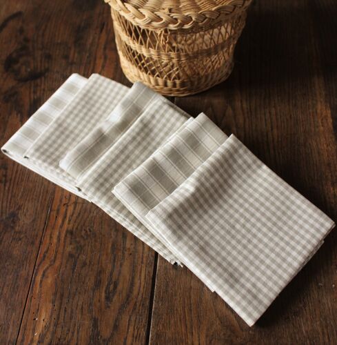 Lot 6 Napkins Vichy Cotton + Beige Linen Tiles Creation