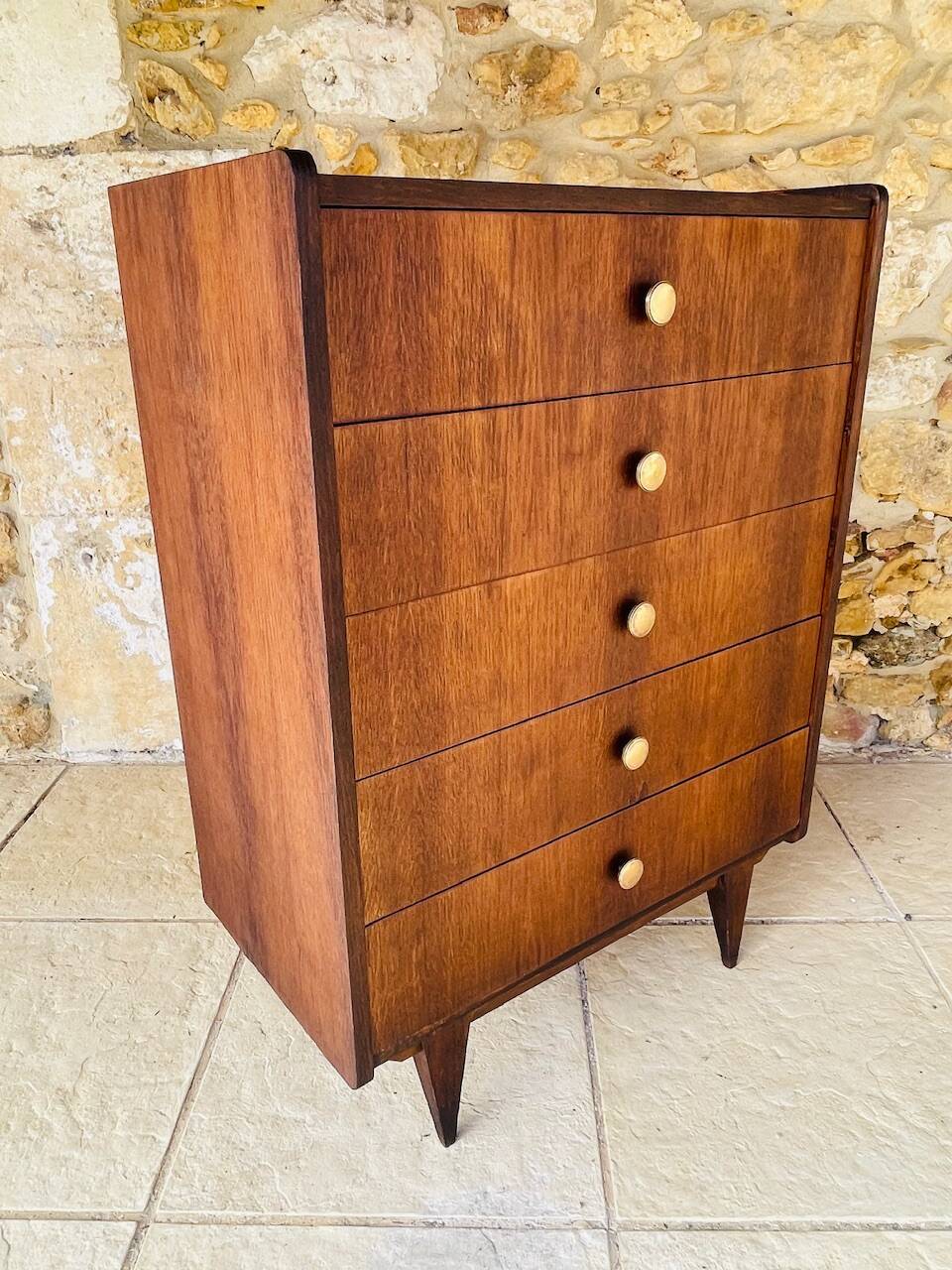 Commode haute vintage en chêne  à 5 tiroirs, circa 1950s