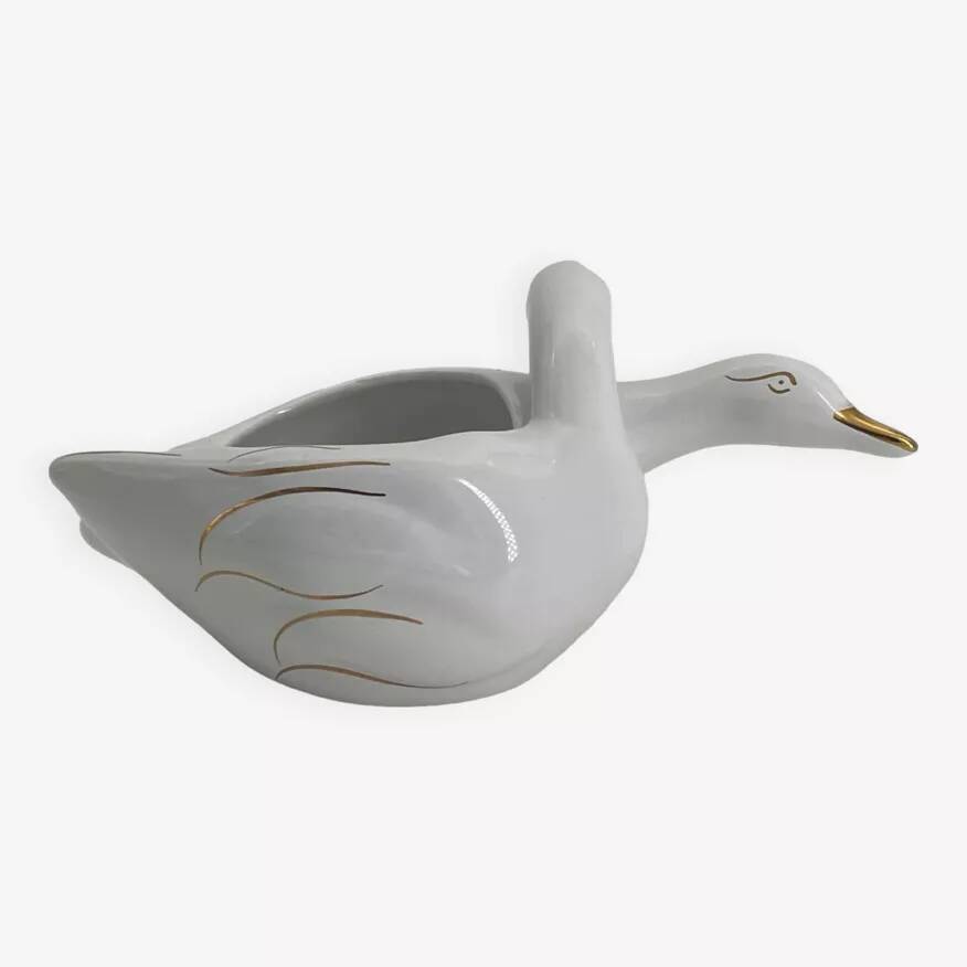 Vintage white and gold porcelain two swan planter