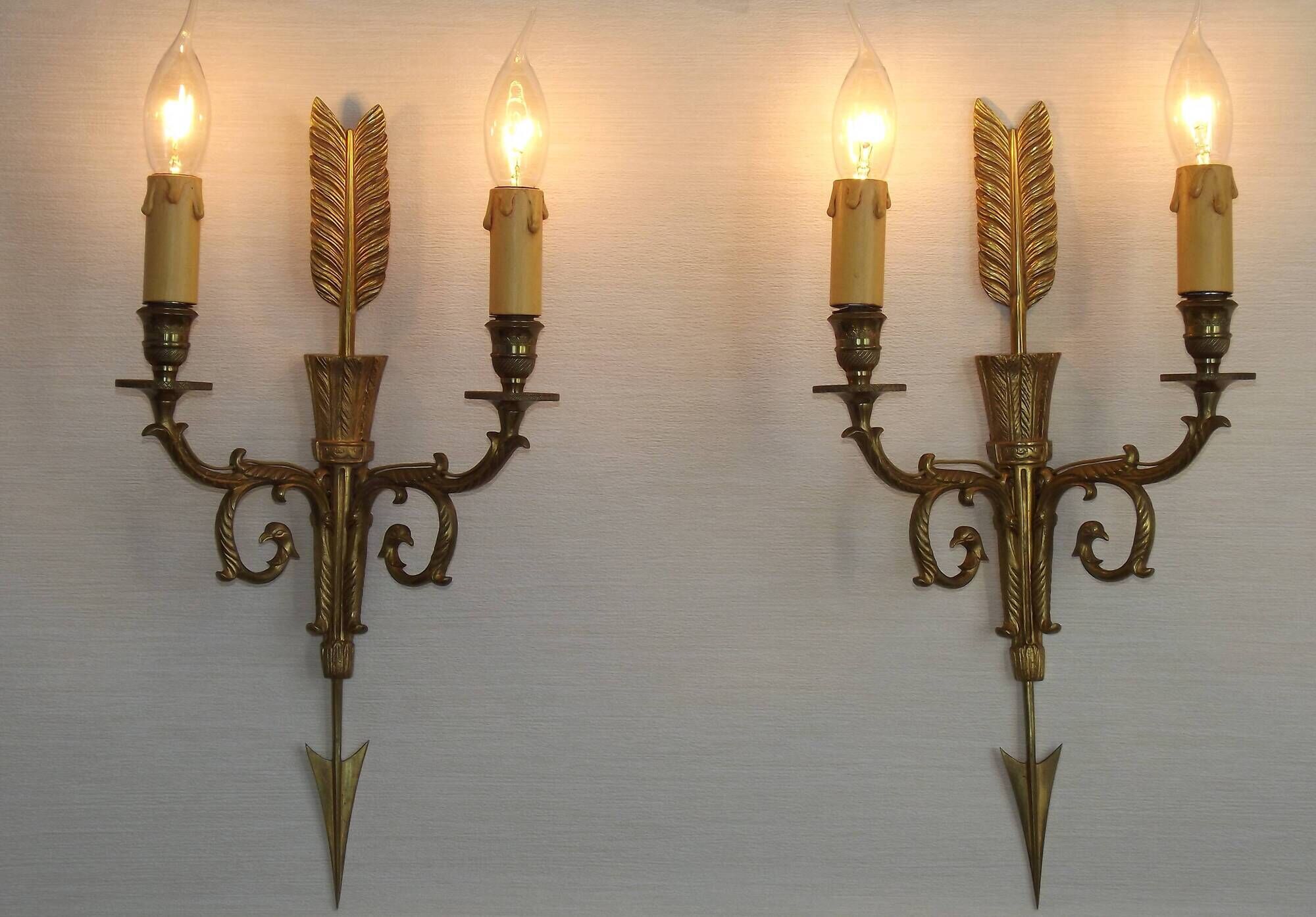 Vintage French Empire Arrow & Quiver Eagle Head Bronze Double Wall Sconces