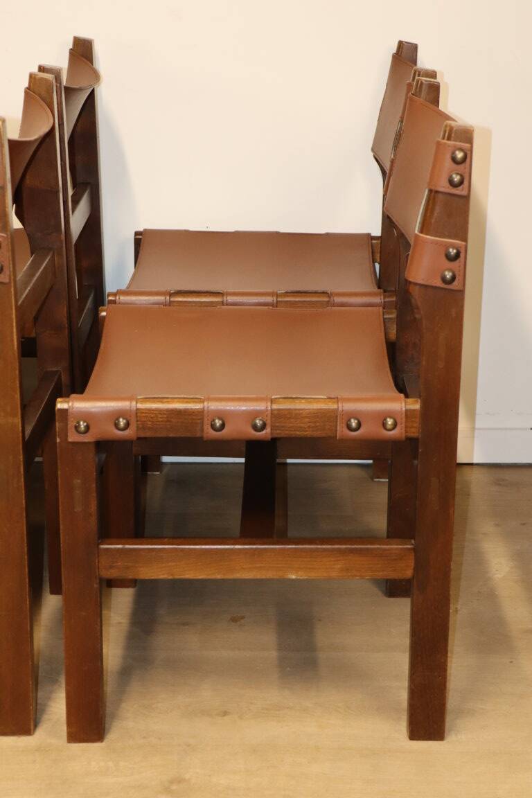 Series of 6 vintage Maison Regain chairs in leather and wood, 1960s