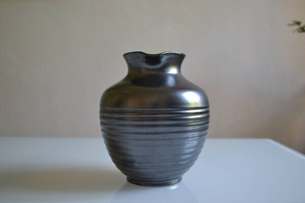 Fernand Elchinger (1911-1975) Pichet vase céramique noir & jaune 1950 signé