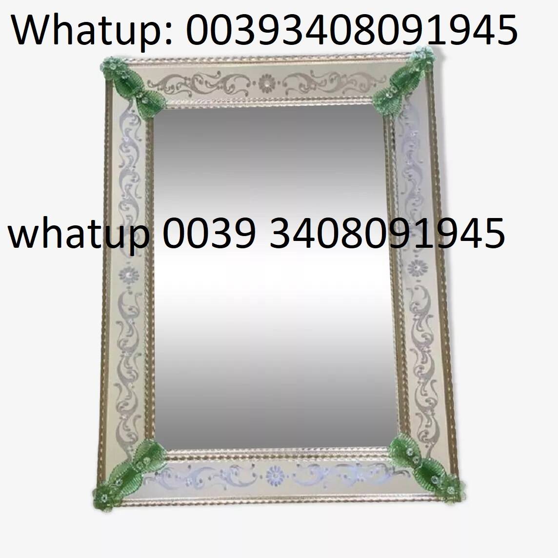 Contemporary rectangular Venetian mirror in floral green, hand-carved in Murano glass.