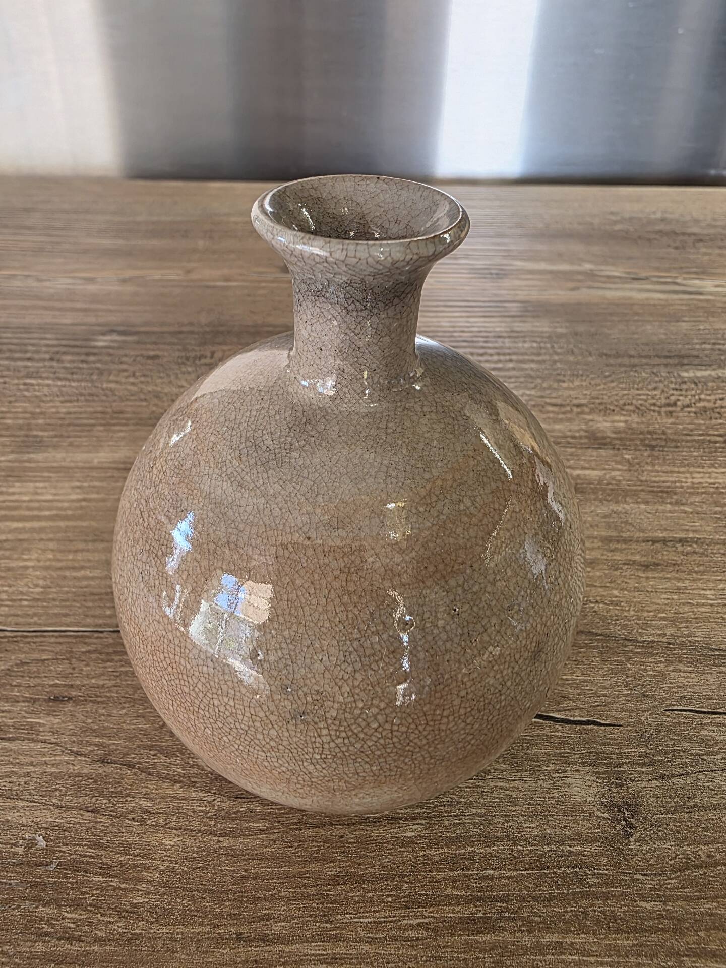 Small round vase soliflore, crackled glazed stoneware, ceramist seal.
