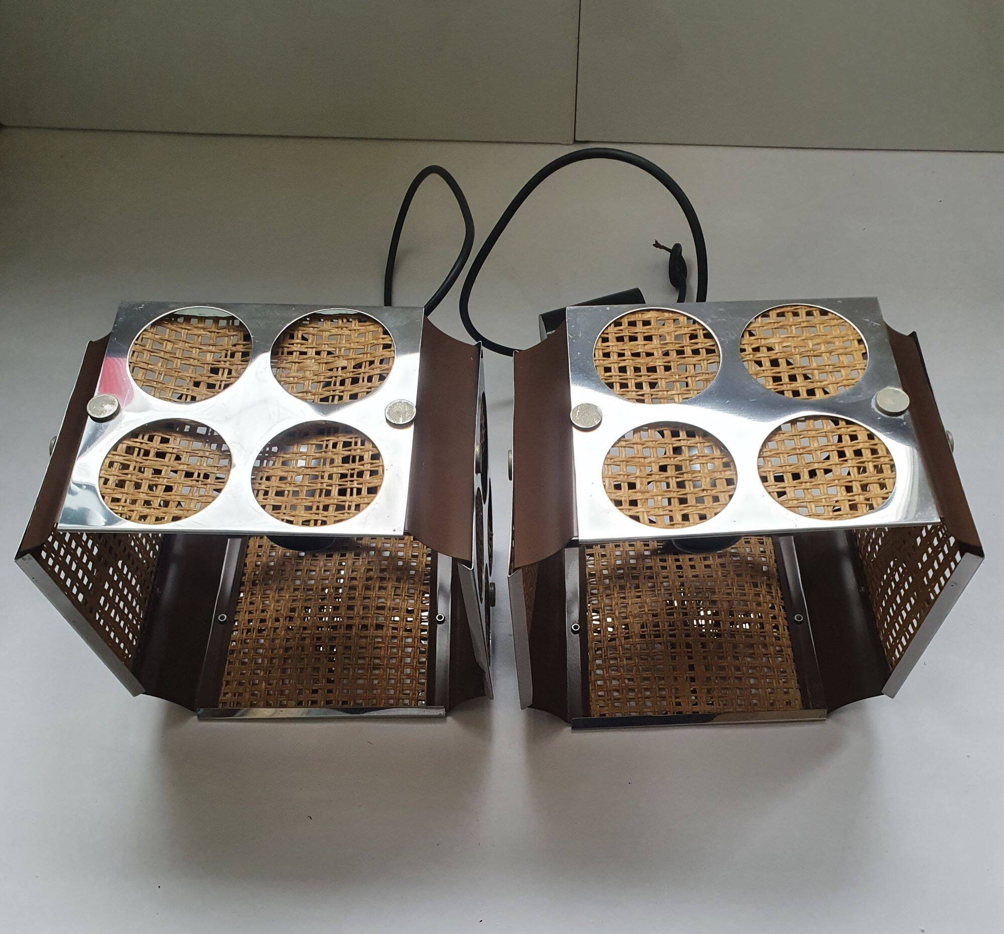 Two square metal chrome cane hanging lamps from the 70s