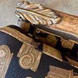 Armchair in a wooden confessional style with black and beige cotton.