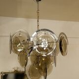 Paire de lustres chromés à disque en verre fumé Vistosi, Italie, années 1970