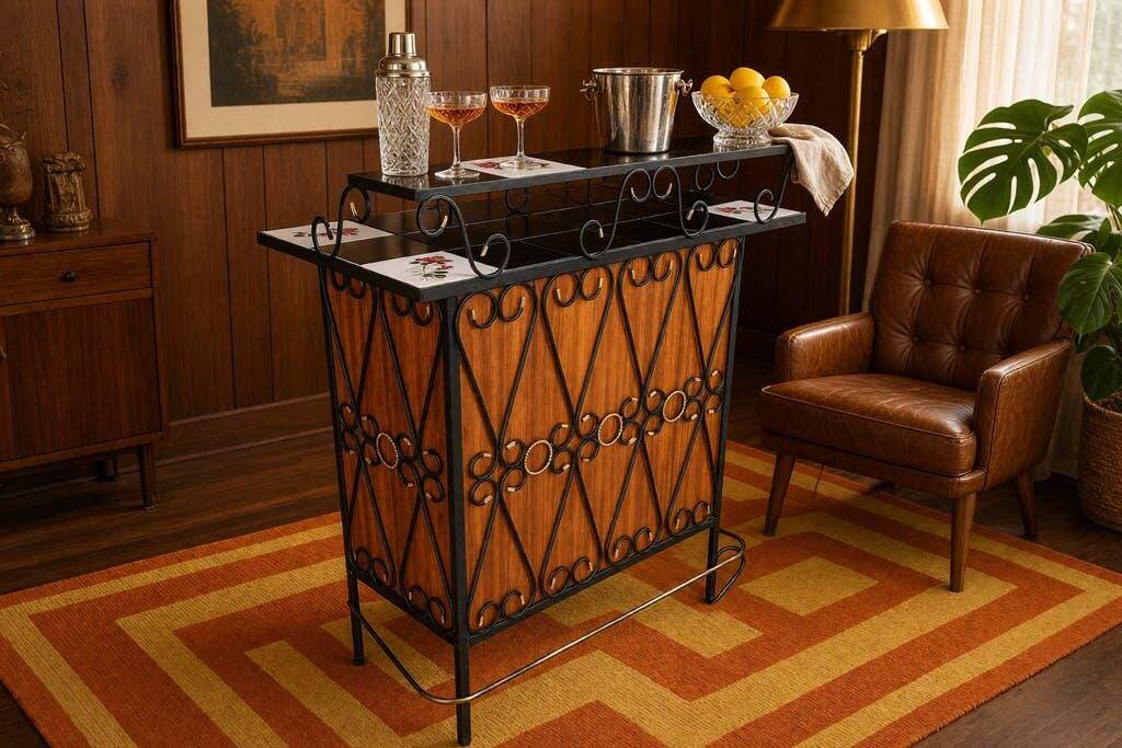 Vintage wooden bar counter with ceramic accents.