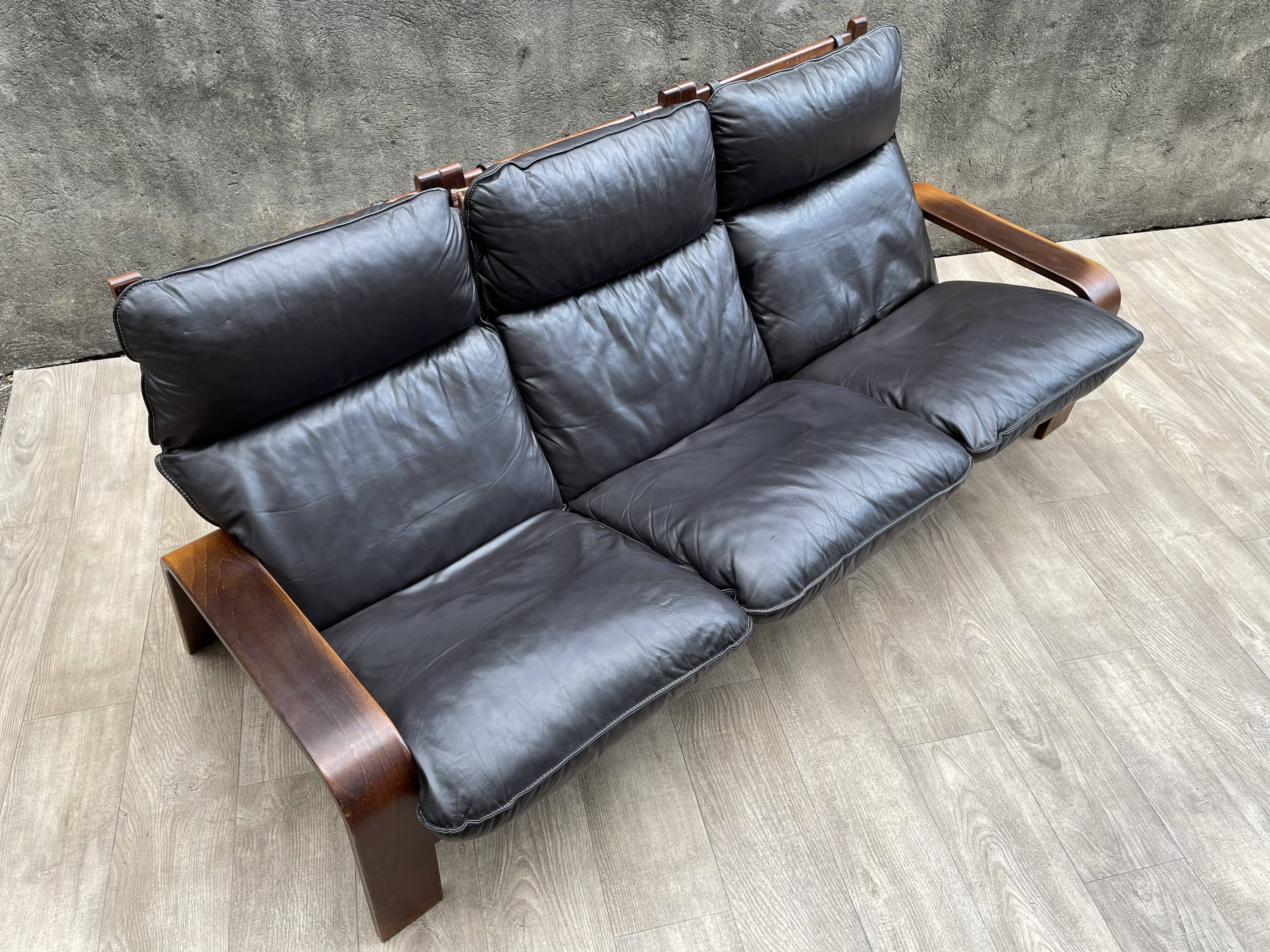 Scandinavian wooden and leather sofa, 1970s