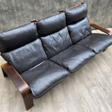 Scandinavian wooden and leather sofa, 1970s