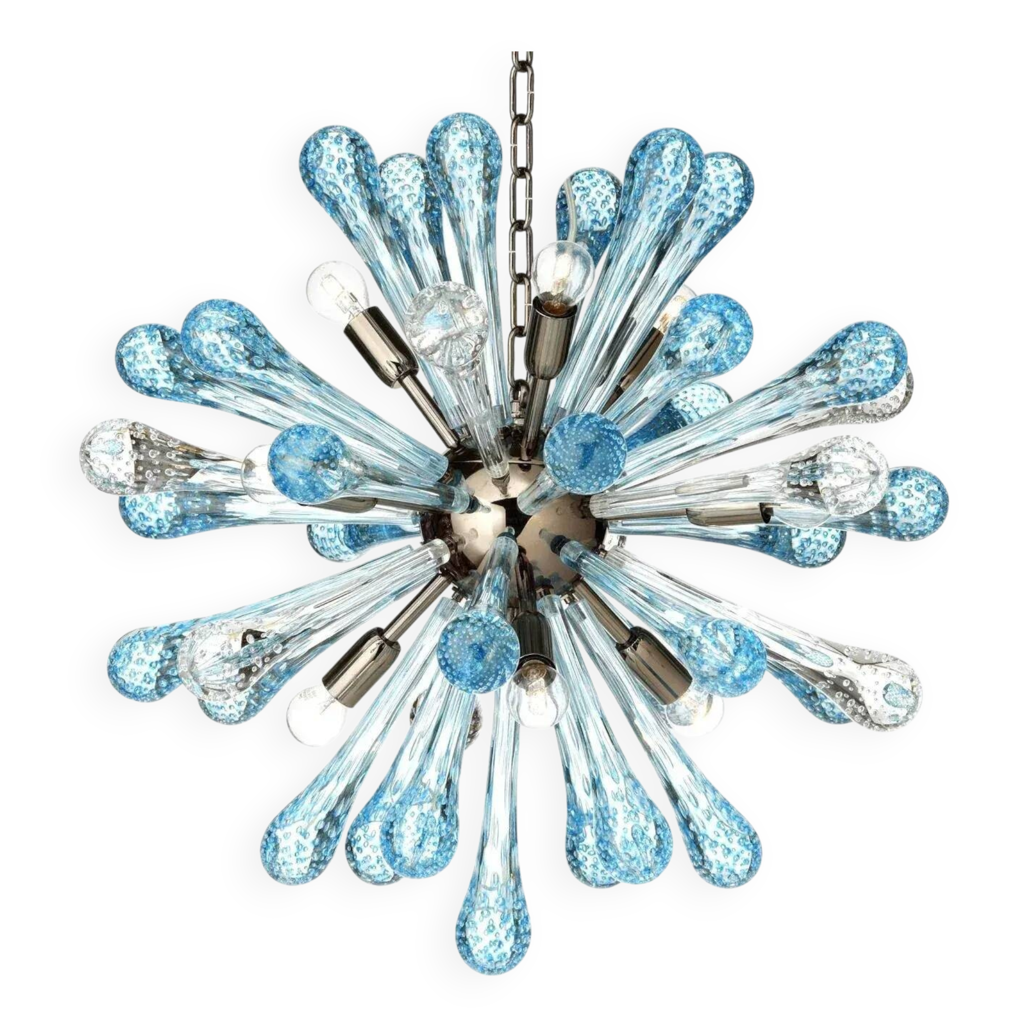 Murano Glass Sputnik Chandelier Featuring Light Blue and Clear Air Drops