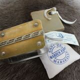 Chiseled glass soap box and brass lid