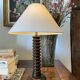 Sculpted wooden lamp, 2 m fabric cable, cotton shade.