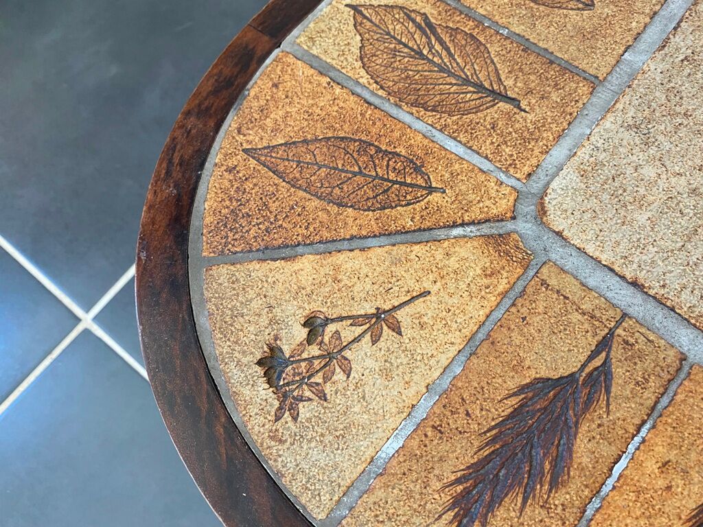 Coffee table Roger Capron ceramic herbarium and vintage wood year 1960