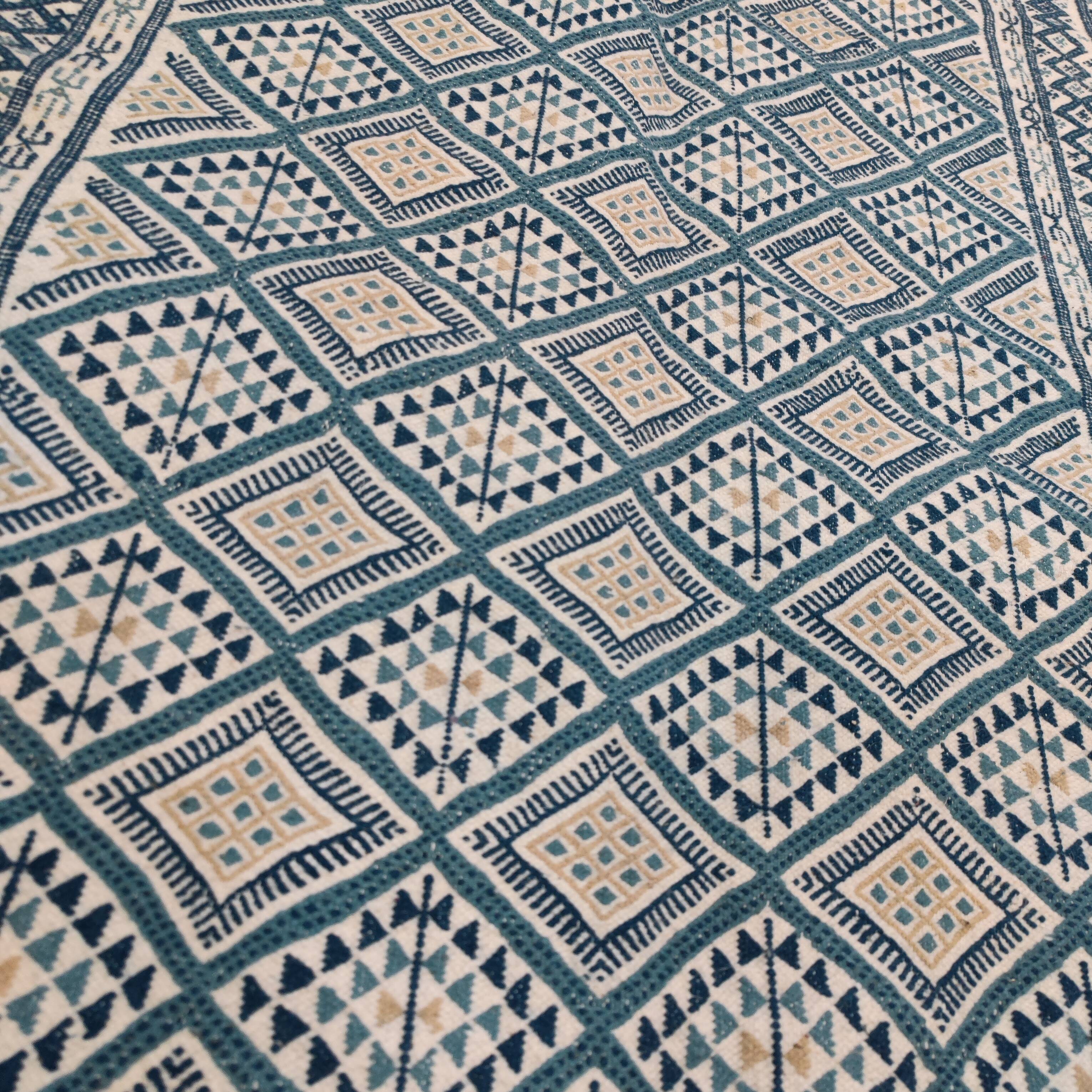 Blue, white and beige margoum rug hand-woven in natural wool