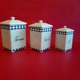 Set de 3 anciens pots à épices bocaux alimentaires vintage blanc bleu Farine Sucre Sel