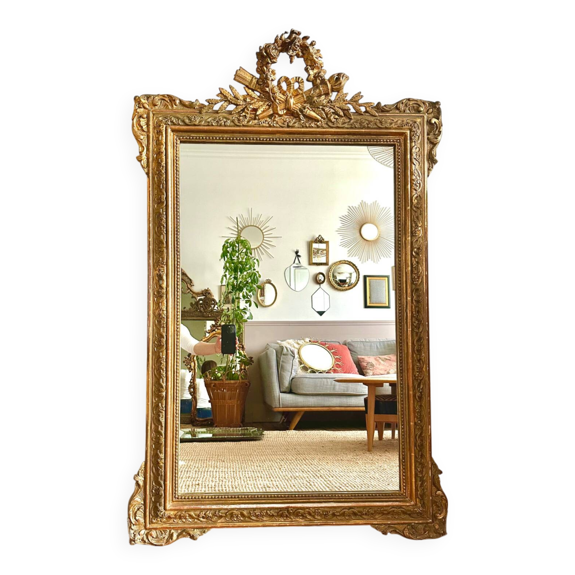Antique gilded wood fireplace trumeau mirror 125x80